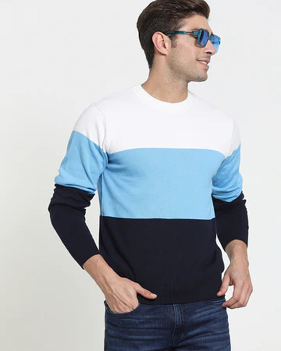 Men's Blue & White Color Block Full Sleeve T-shirt