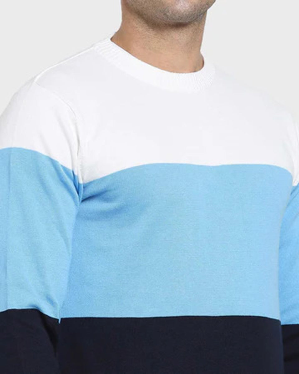 Men's Blue & White Color Block Full Sleeve T-shirt