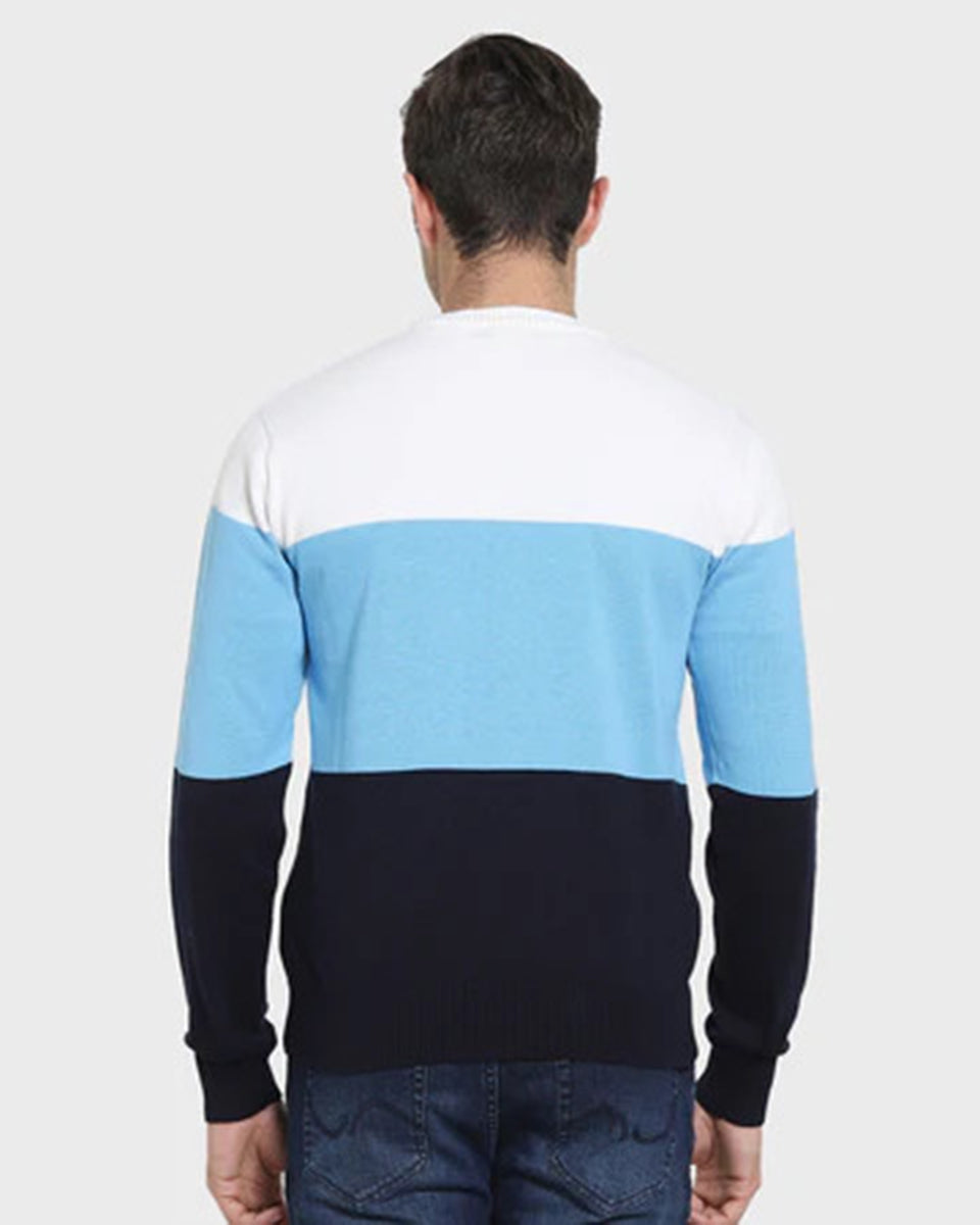 Men's Blue & White Color Block Full Sleeve T-shirt