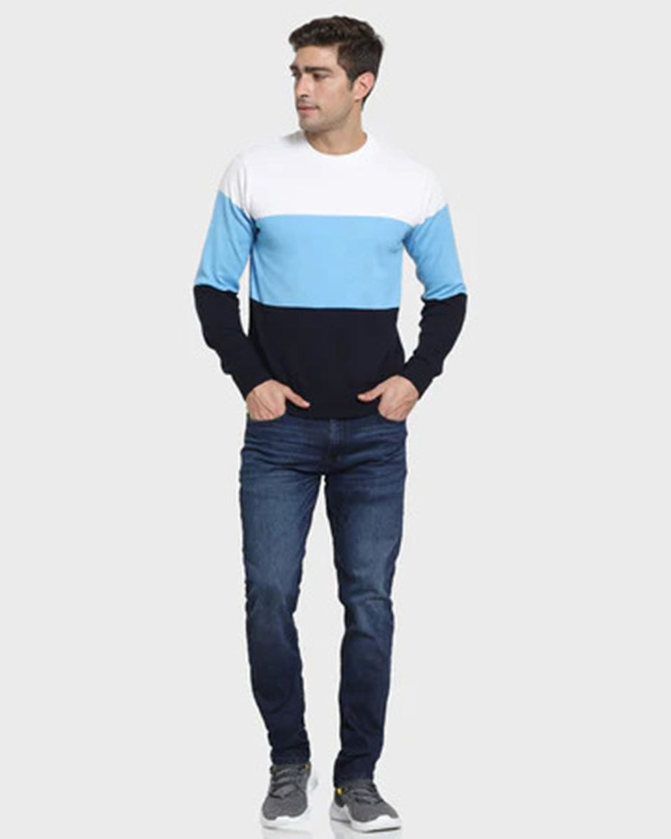 Men's Blue & White Color Block Full Sleeve T-shirt