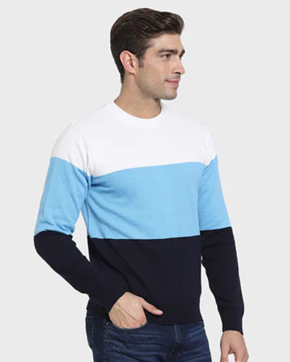 Men's Blue & White Color Block Full Sleeve T-shirt