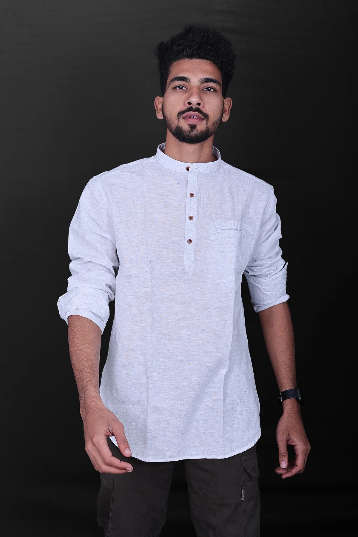 Linen Mens Kurta - white heather