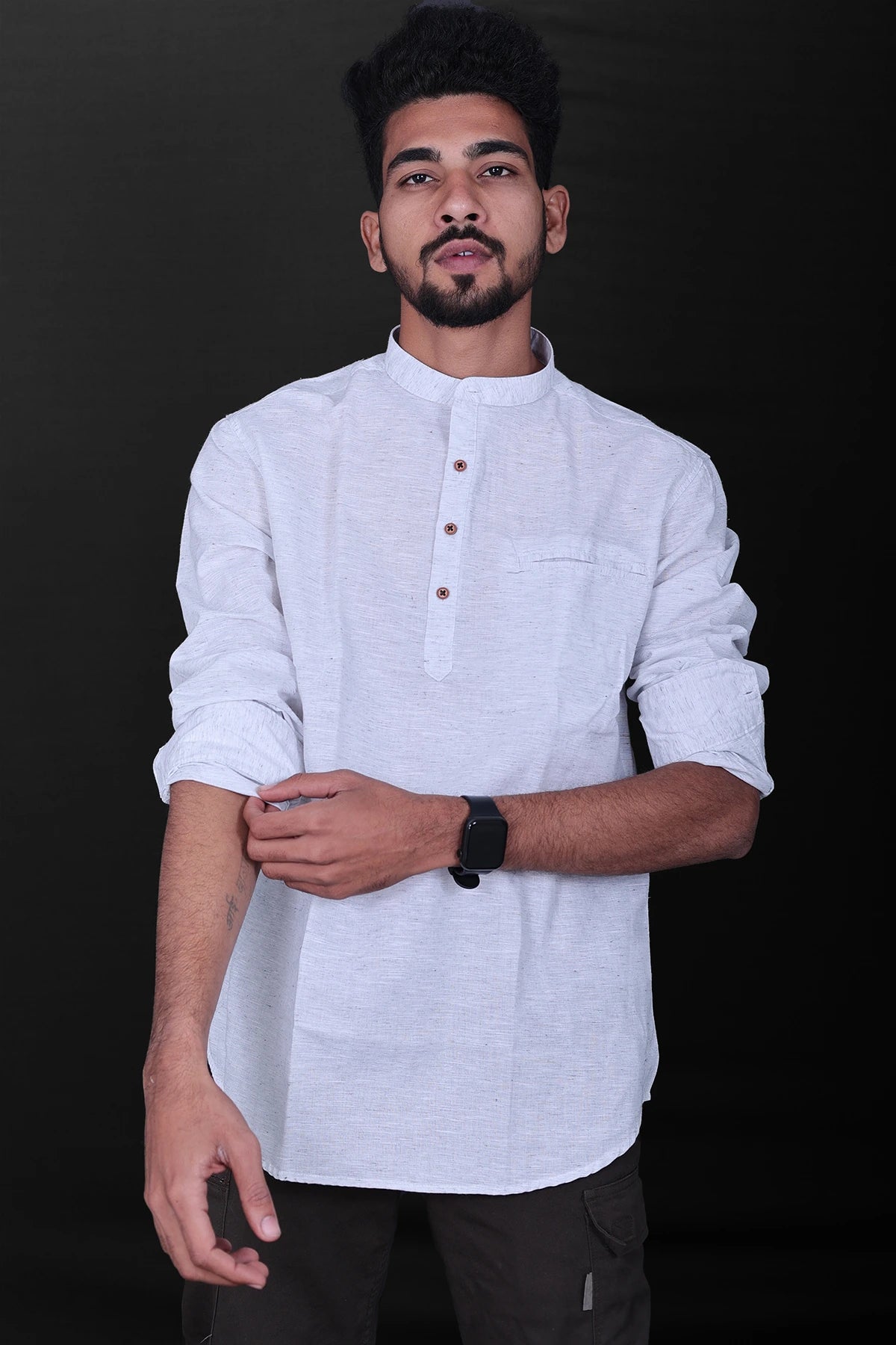 Linen Mens Kurta - white heather